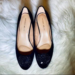 Antonio Melani Black Suede Wedges with Rhinestones Size 10